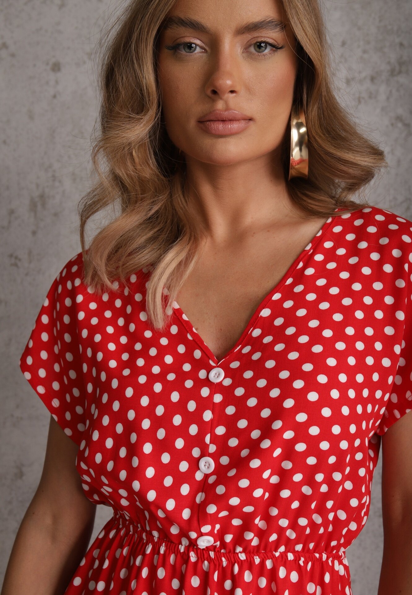defox Rochie roșie din Bumbac cu Croi Evazat cu Elastic în Talie Emilla