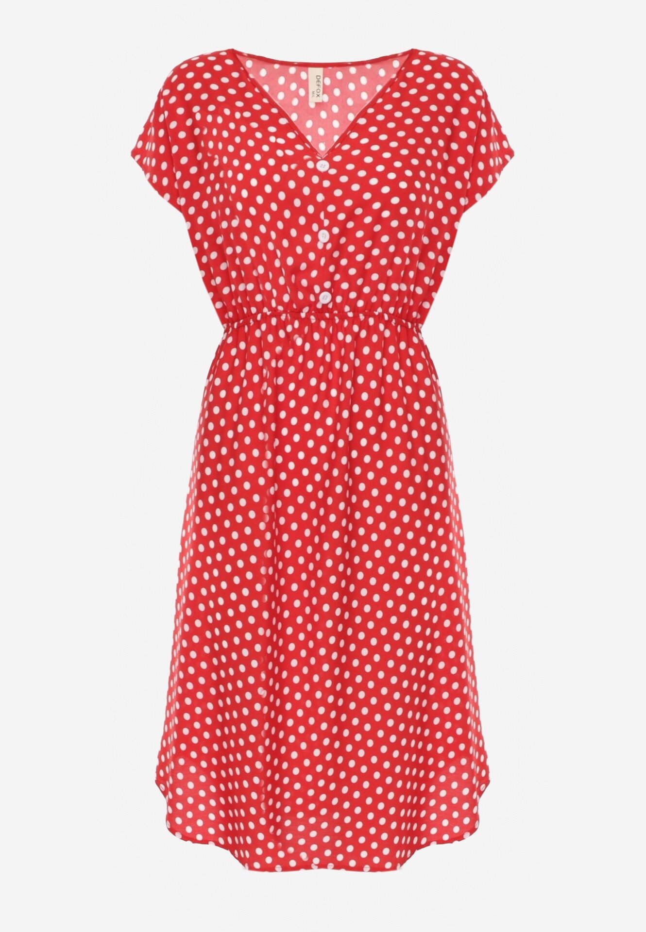 defox Rochie roșie din Bumbac cu Croi Evazat cu Elastic în Talie Emilla