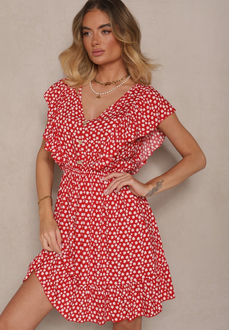 defox Rochie roșie din bumbac cu croială evazată cu nasturi cu imprimeu floral Roniva