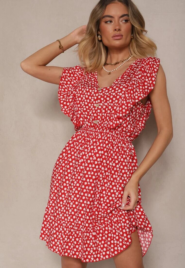 defox Rochie roșie din bumbac cu croială evazată cu nasturi cu imprimeu floral Roniva