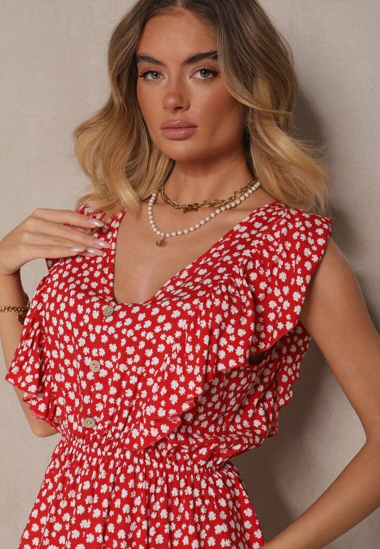 defox Rochie roșie din bumbac cu croială evazată cu nasturi cu imprimeu floral Roniva