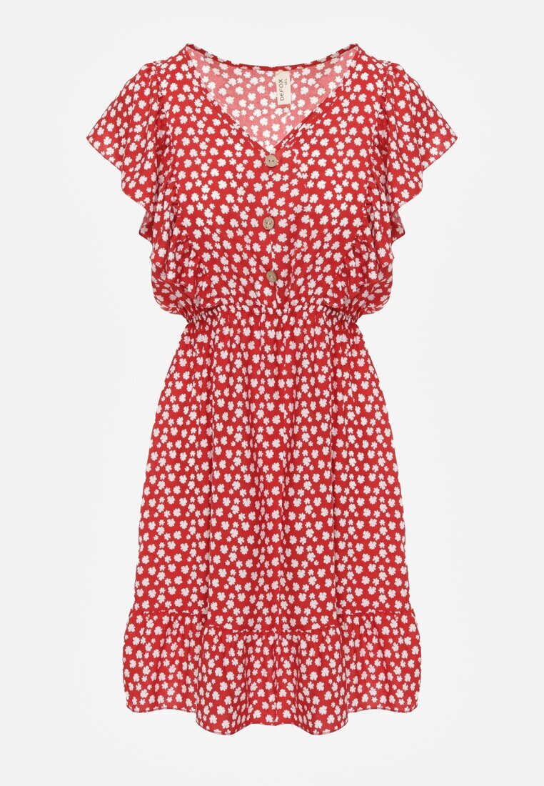 defox Rochie roșie din bumbac cu croială evazată cu nasturi cu imprimeu floral Roniva