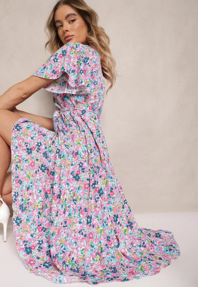 defox Rochie Roz cu pliseuri cu imprimeu floral cu croi evazat Lanelin