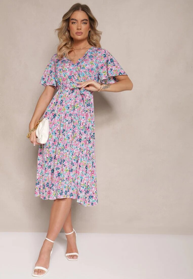 defox Rochie Roz cu pliseuri cu imprimeu floral cu croi evazat Lanelin