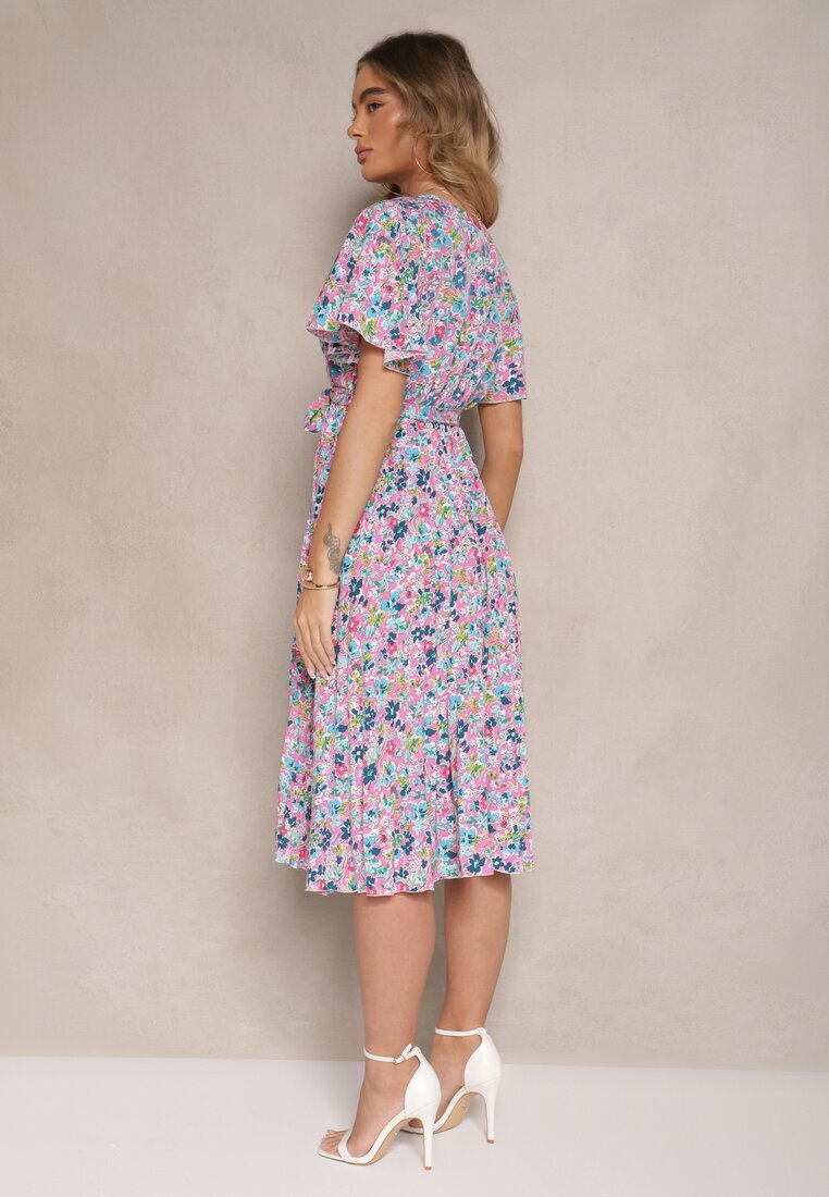 defox Rochie Roz cu pliseuri cu imprimeu floral cu croi evazat Lanelin