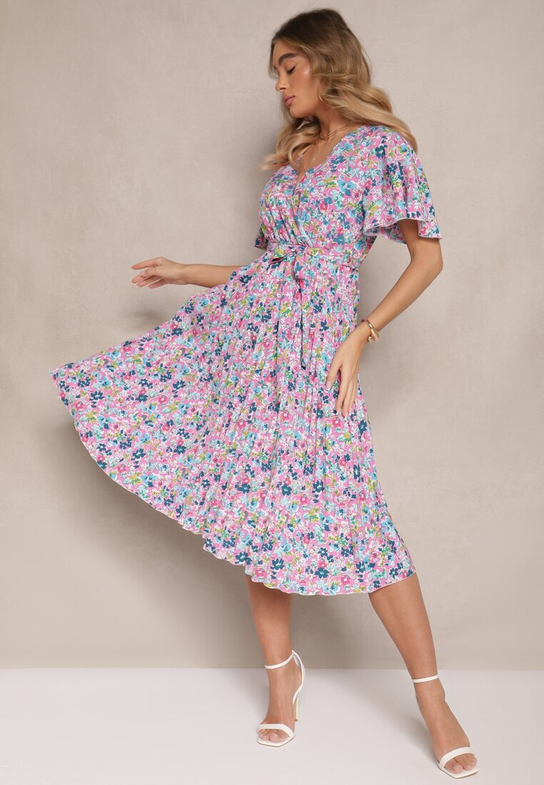 defox Rochie Roz cu pliseuri cu imprimeu floral cu croi evazat Lanelin