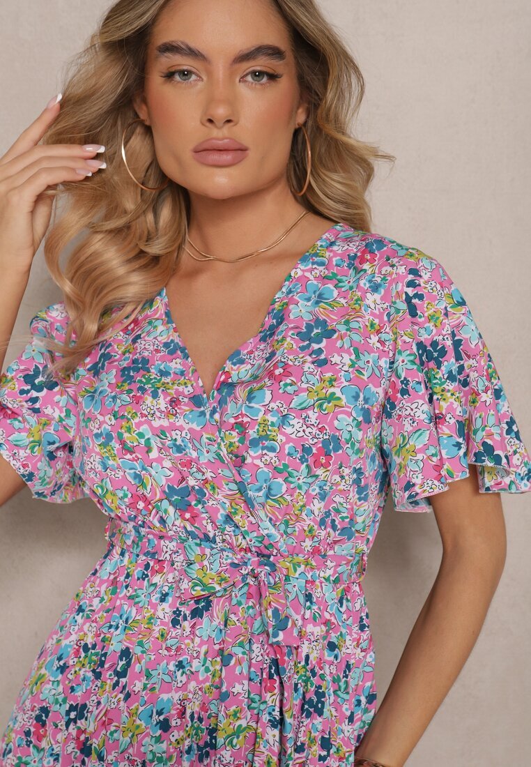 defox Rochie Roz cu pliseuri cu imprimeu floral cu croi evazat Lanelin
