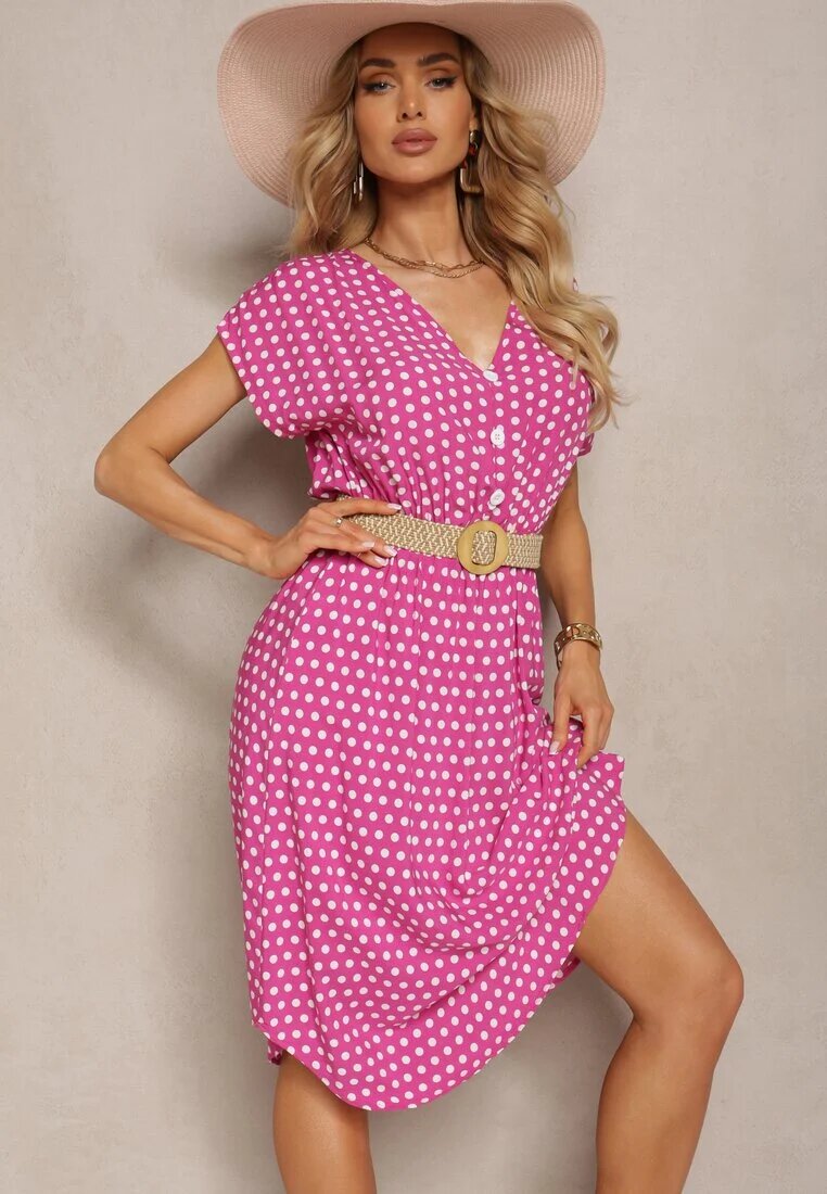defox Rochie Roz din Bumbac cu croi evazat cu elastic în talie Emilla
