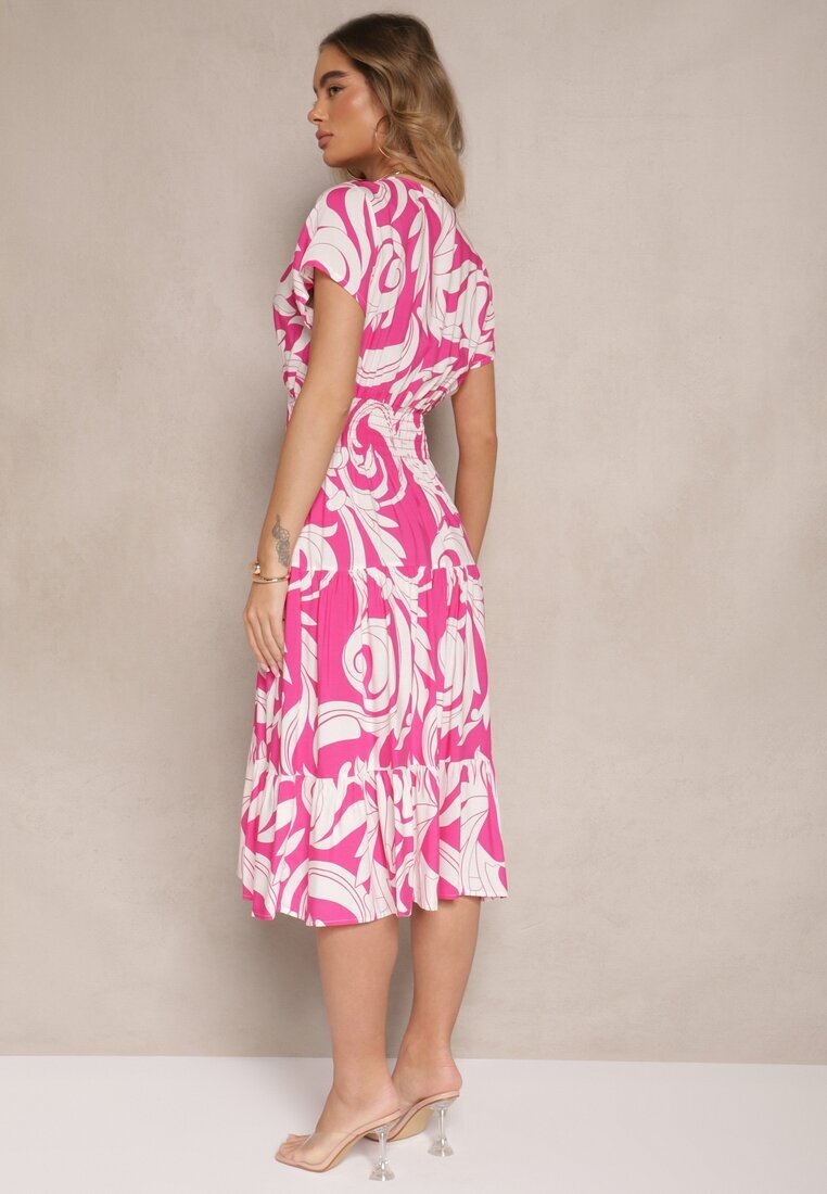 defox Rochie Roz din Bumbac cu Motiv Abstract și Nasturi Talivea