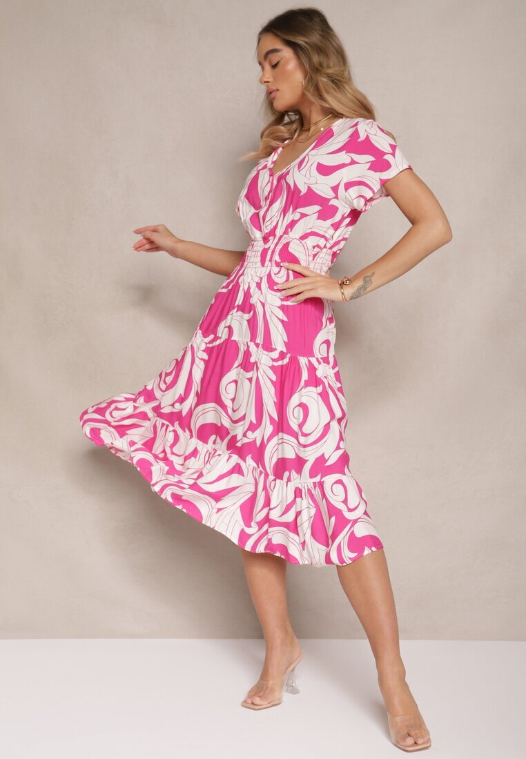 defox Rochie Roz din Bumbac cu Motiv Abstract și Nasturi Talivea