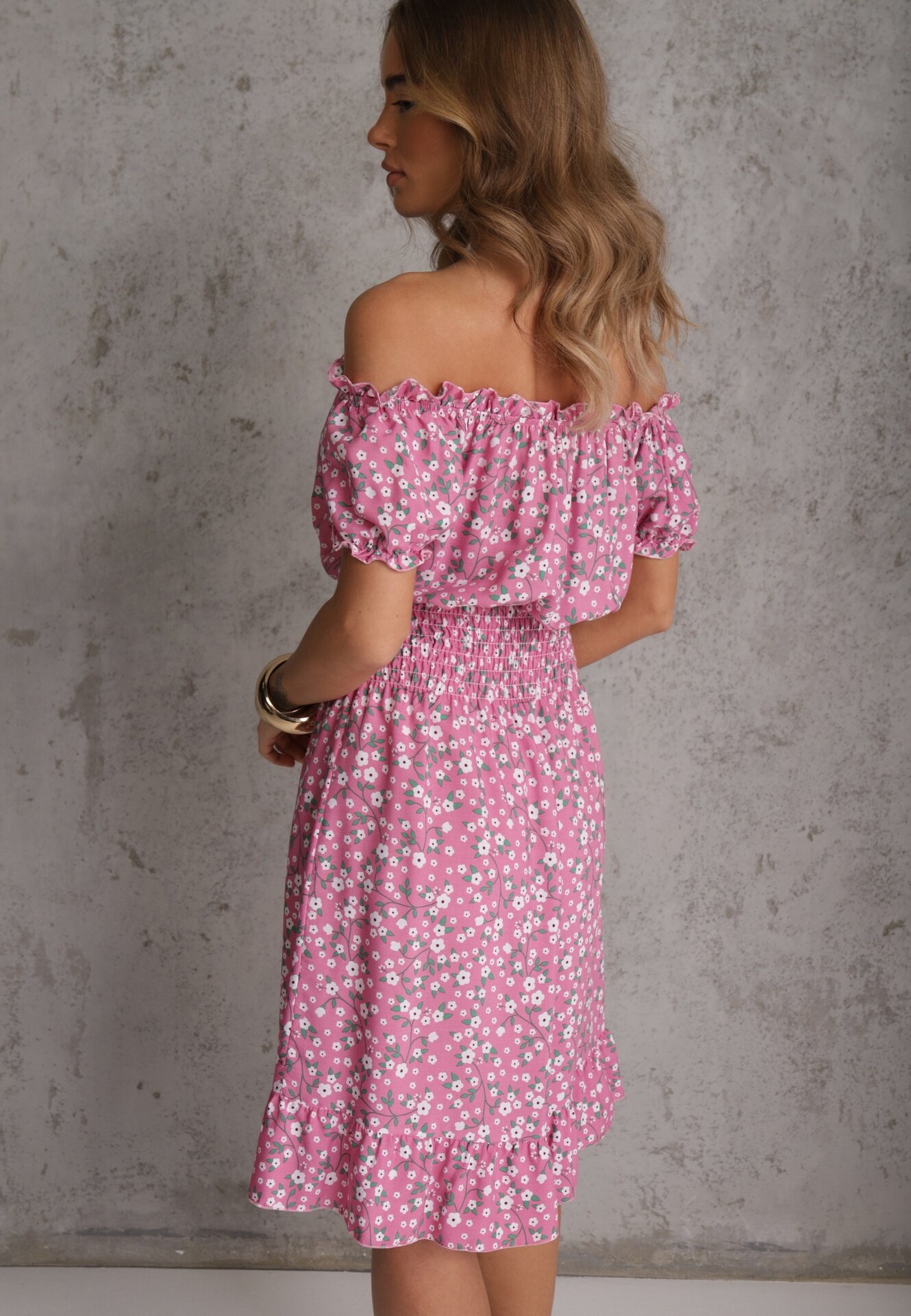 defox Rochie Roz din bumbac Midi cu umerii goi cu elastic în talie Dnise