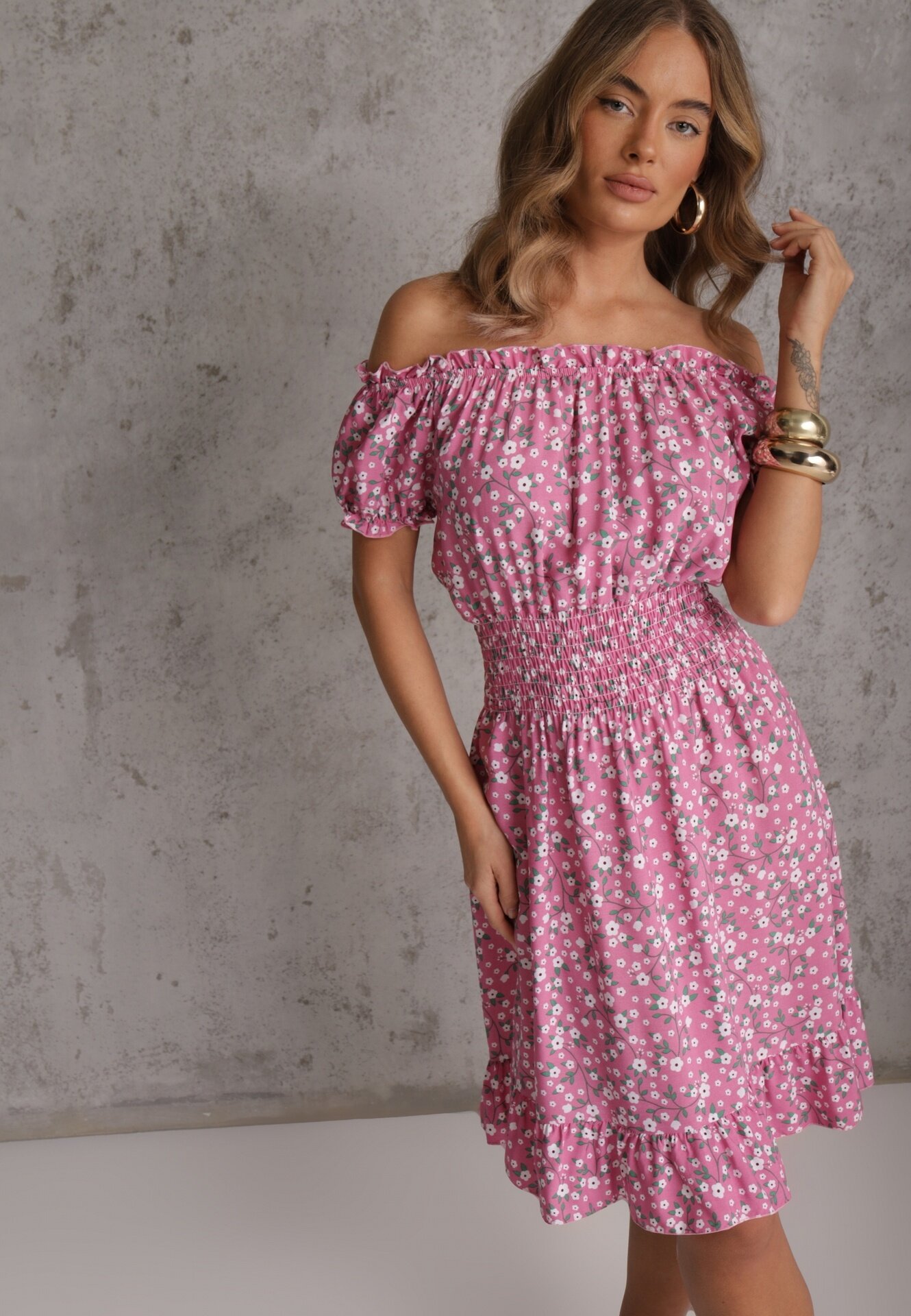 defox Rochie Roz din bumbac Midi cu umerii goi cu elastic în talie Dnise