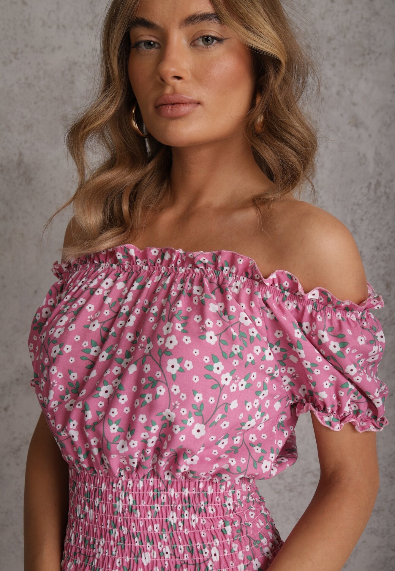 defox Rochie Roz din bumbac Midi cu umerii goi cu elastic în talie Dnise