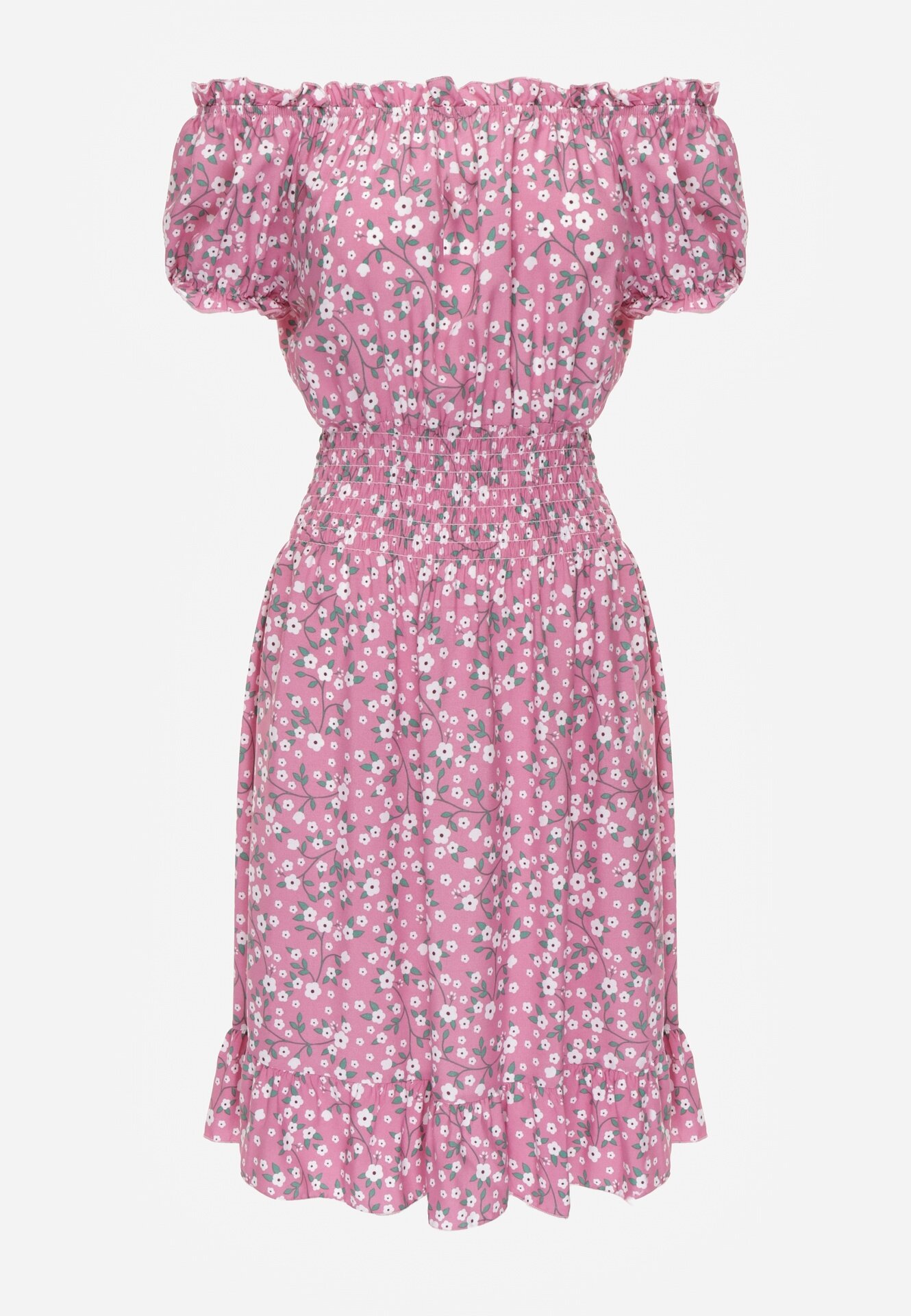 defox Rochie Roz din bumbac Midi cu umerii goi cu elastic în talie Dnise