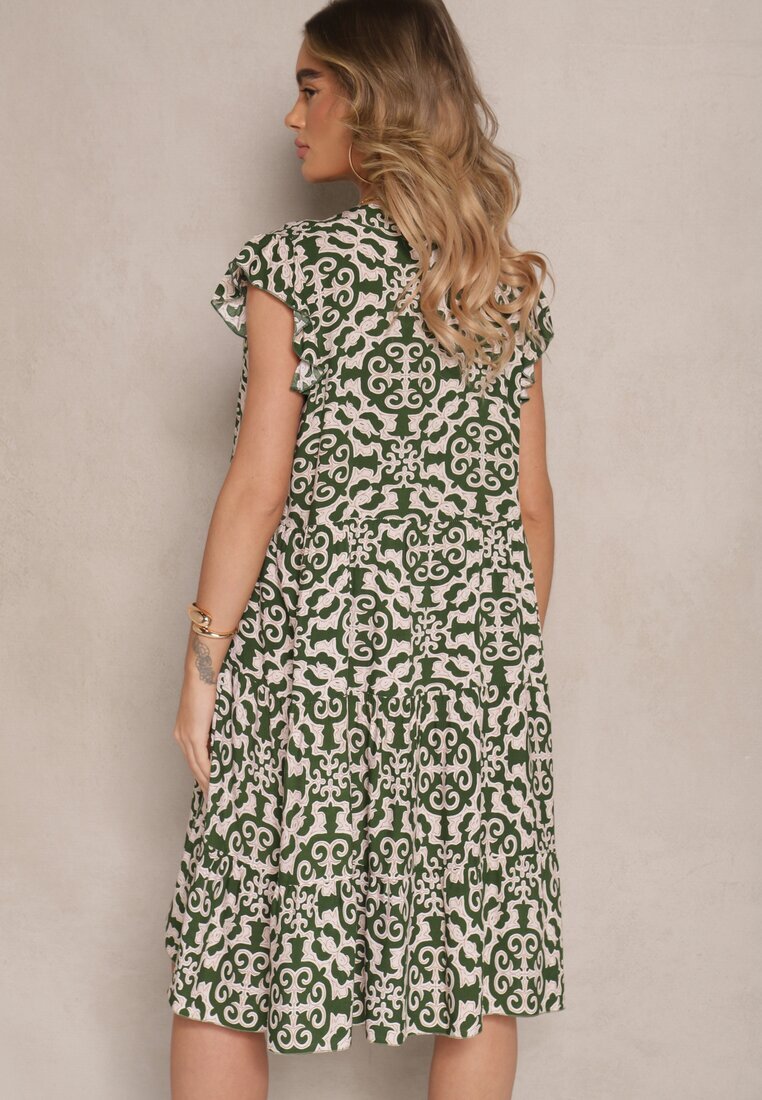 defox Rochie Rozkloszowana Verde din Bumbac cu Imprimeu Ornamental Zalirita