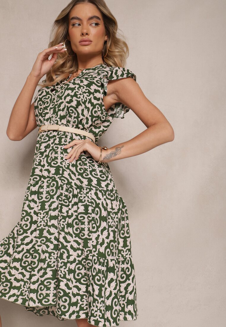 defox Rochie Rozkloszowana Verde din Bumbac cu Imprimeu Ornamental Zalirita