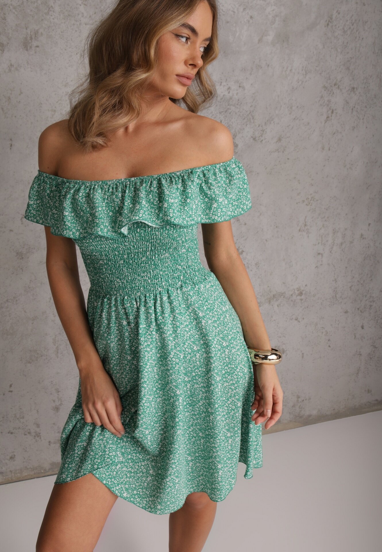 defox Rochie Stil Spaniol Verde Florală din bumbac cu elastic în talie Nevima