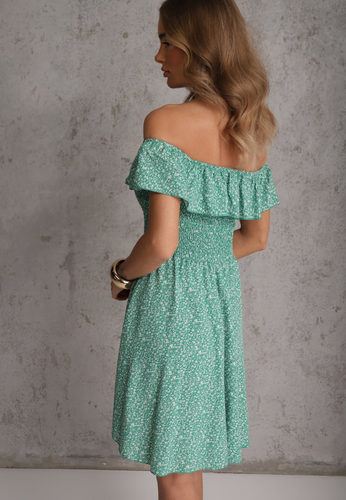 defox Rochie Stil Spaniol Verde Florală din bumbac cu elastic în talie Nevima