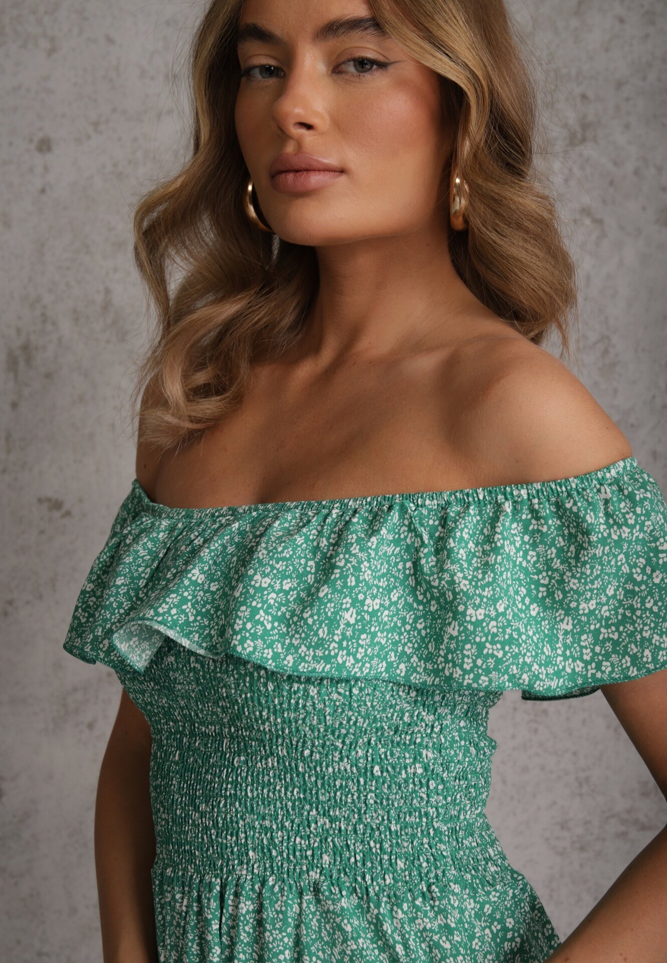 defox Rochie Stil Spaniol Verde Florală din bumbac cu elastic în talie Nevima