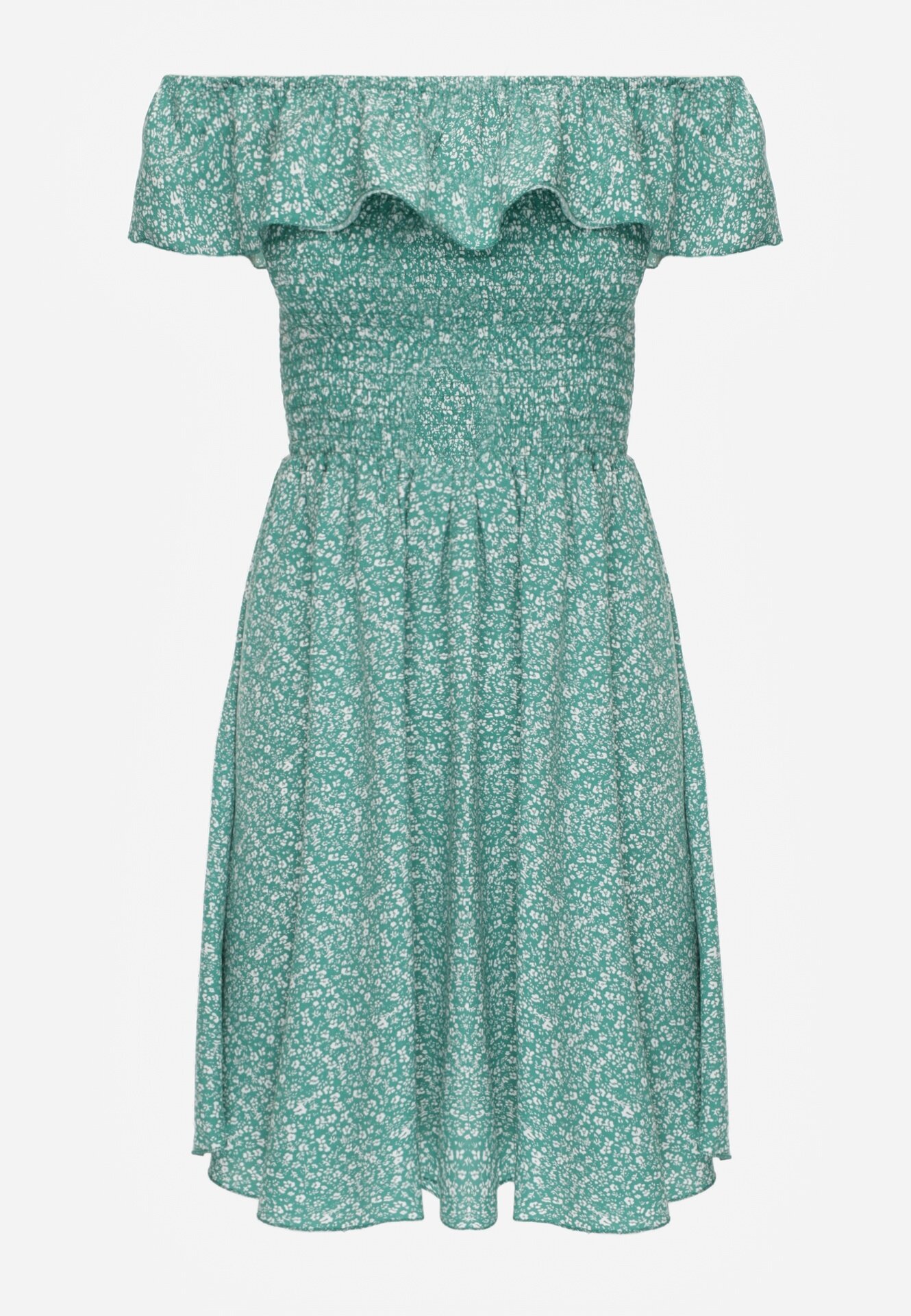 defox Rochie Stil Spaniol Verde Florală din bumbac cu elastic în talie Nevima