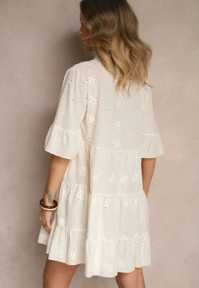 defox Rochie tip cămașă Evazată Bej deschis din Bumbac Decorată cu Broderie și Volane Filarosa