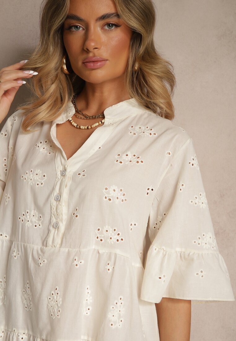 defox Rochie tip cămașă Evazată Bej deschis din Bumbac Decorată cu Broderie și Volane Filarosa