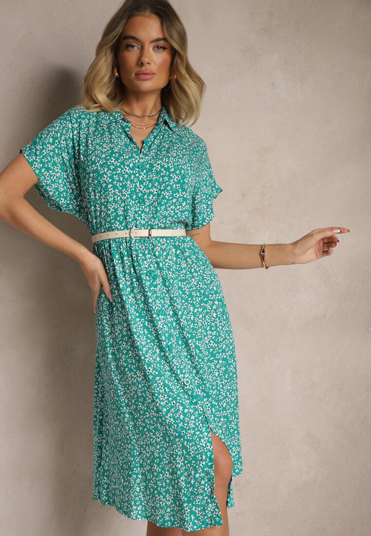 defox Rochie tip cămașă verde închis din bumbac cu flori cu croială evazată Sarilon