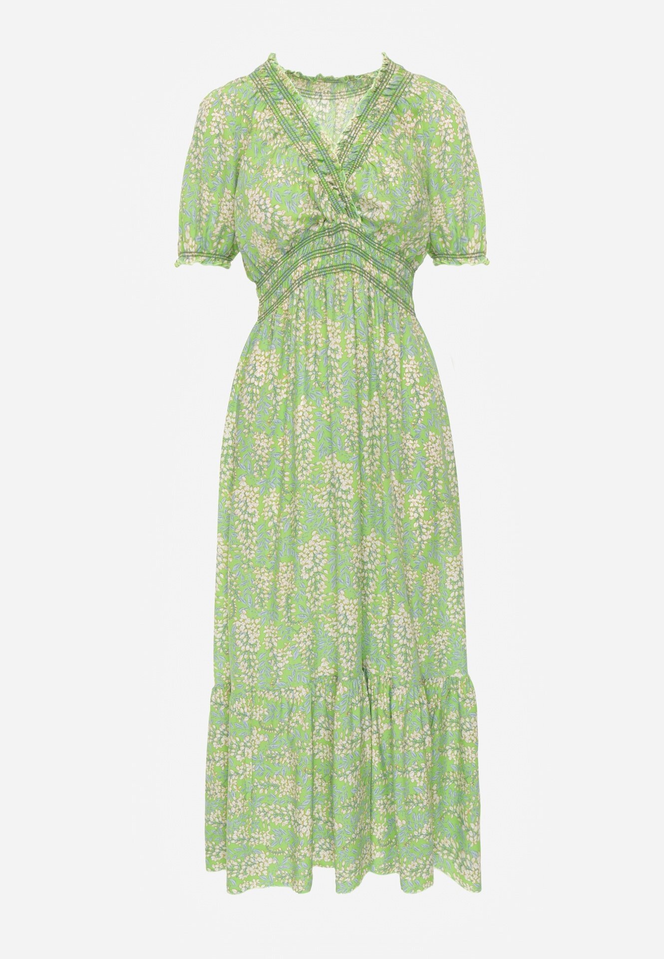 defox Rochie Trapez Verde deschis din Bumbac cu Mâneci Bufante Volan și Elastic în Talie Vimayana
