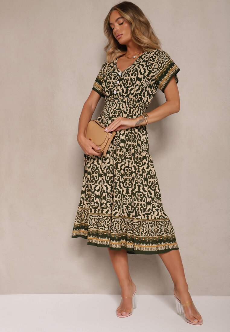 defox Rochie Verde-Bej din Bumbac cu Elastic în Talie și nasturi decorativi Natifarela