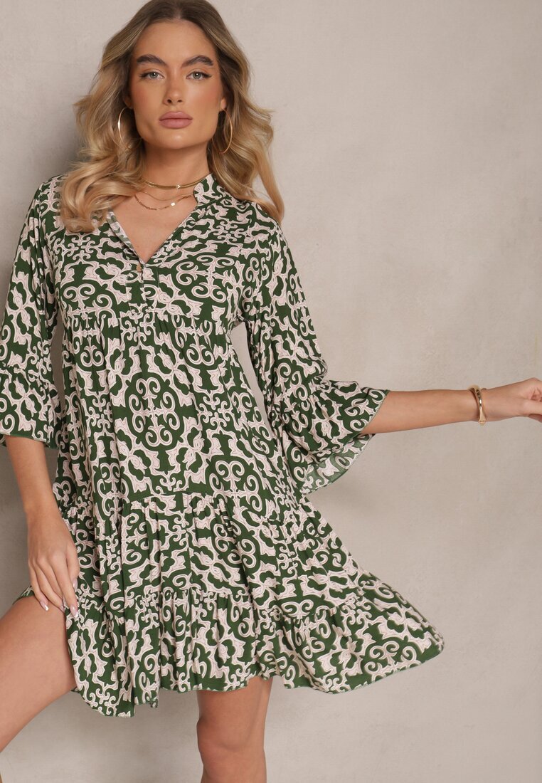 defox Rochie verde de bumbac cu croi evazat cu imprimeu etnic Zalivine