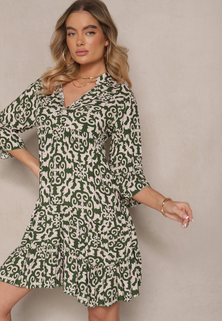 defox Rochie verde de bumbac cu croi evazat cu imprimeu etnic Zalivine