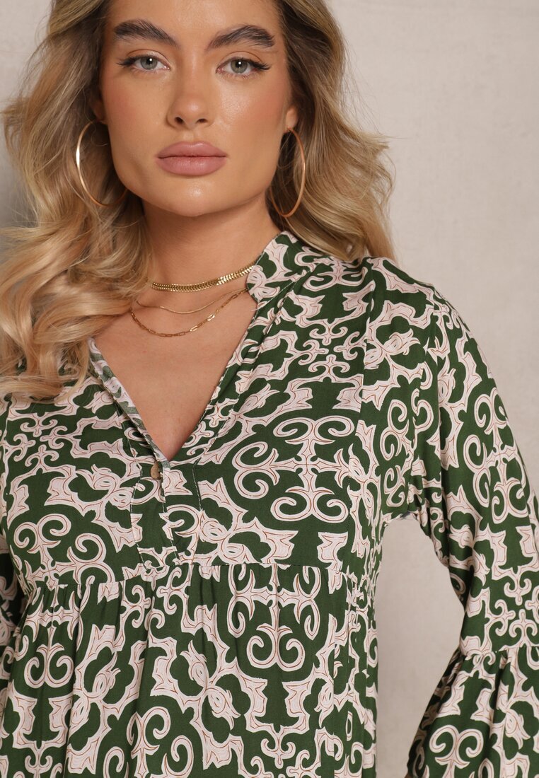 defox Rochie verde de bumbac cu croi evazat cu imprimeu etnic Zalivine