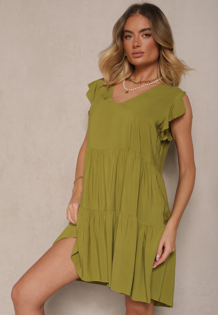 defox Rochie Verde de Bumbac Evazată cu Volane Mirlio