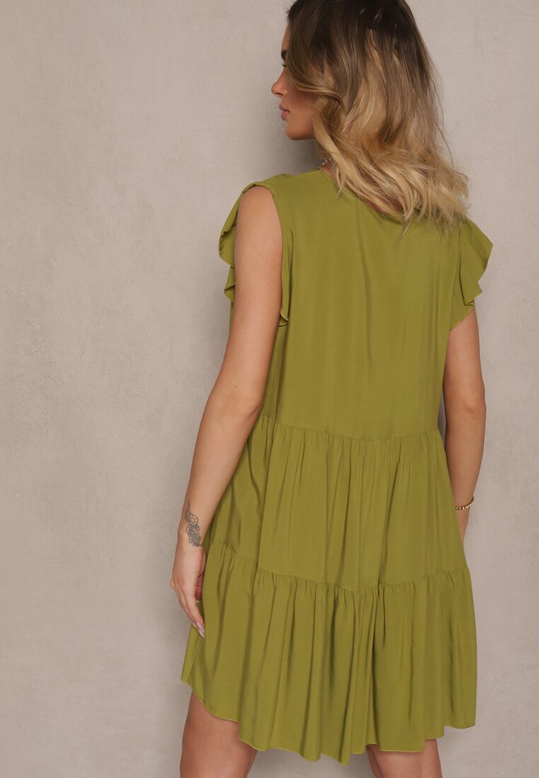 defox Rochie Verde de Bumbac Evazată cu Volane Mirlio