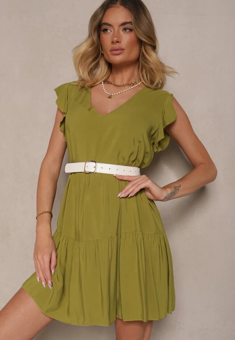 defox Rochie Verde de Bumbac Evazată cu Volane Mirlio