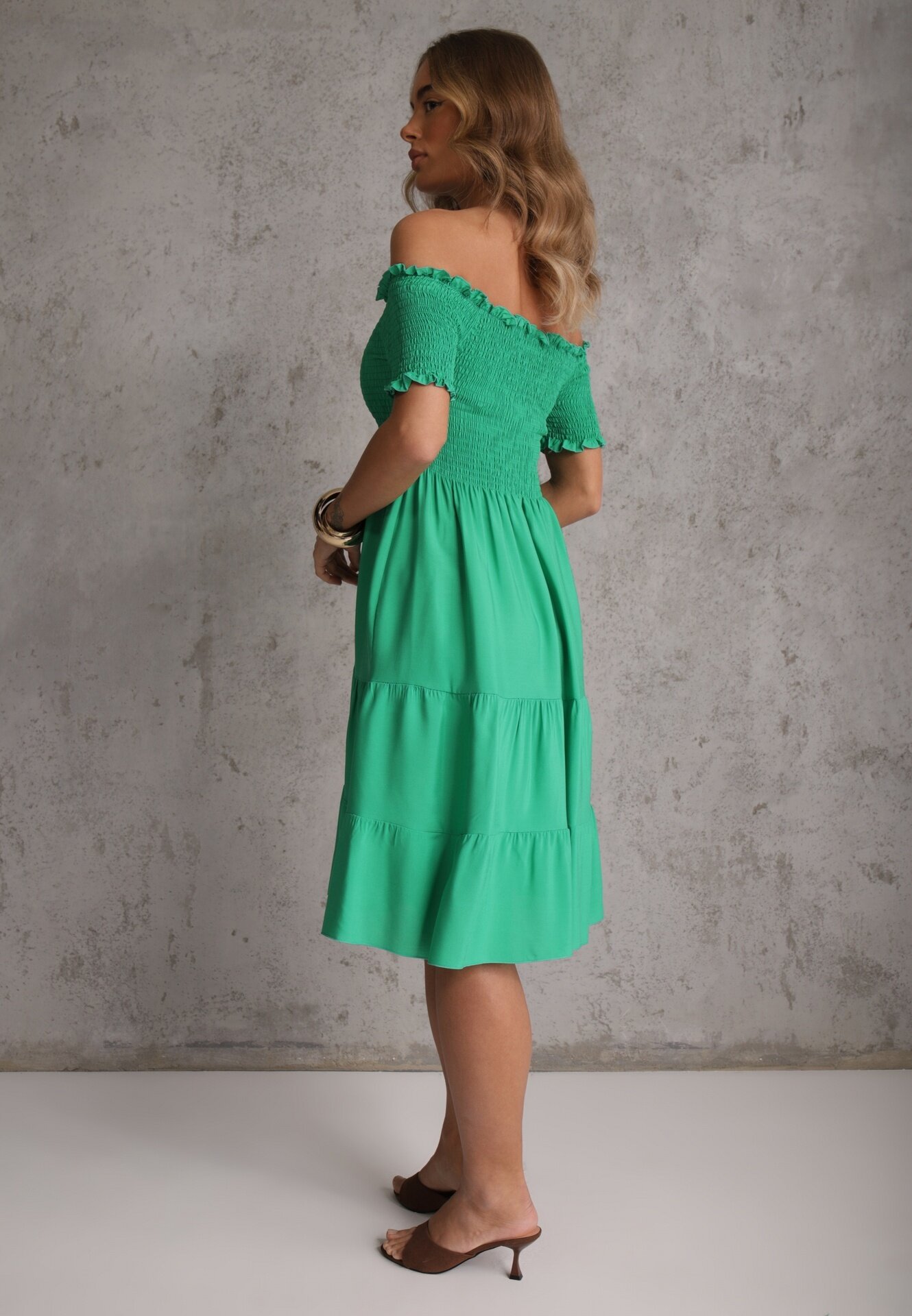 defox Rochie Verde de vară din bumbac stil spaniol cu volane evazate Lorania
