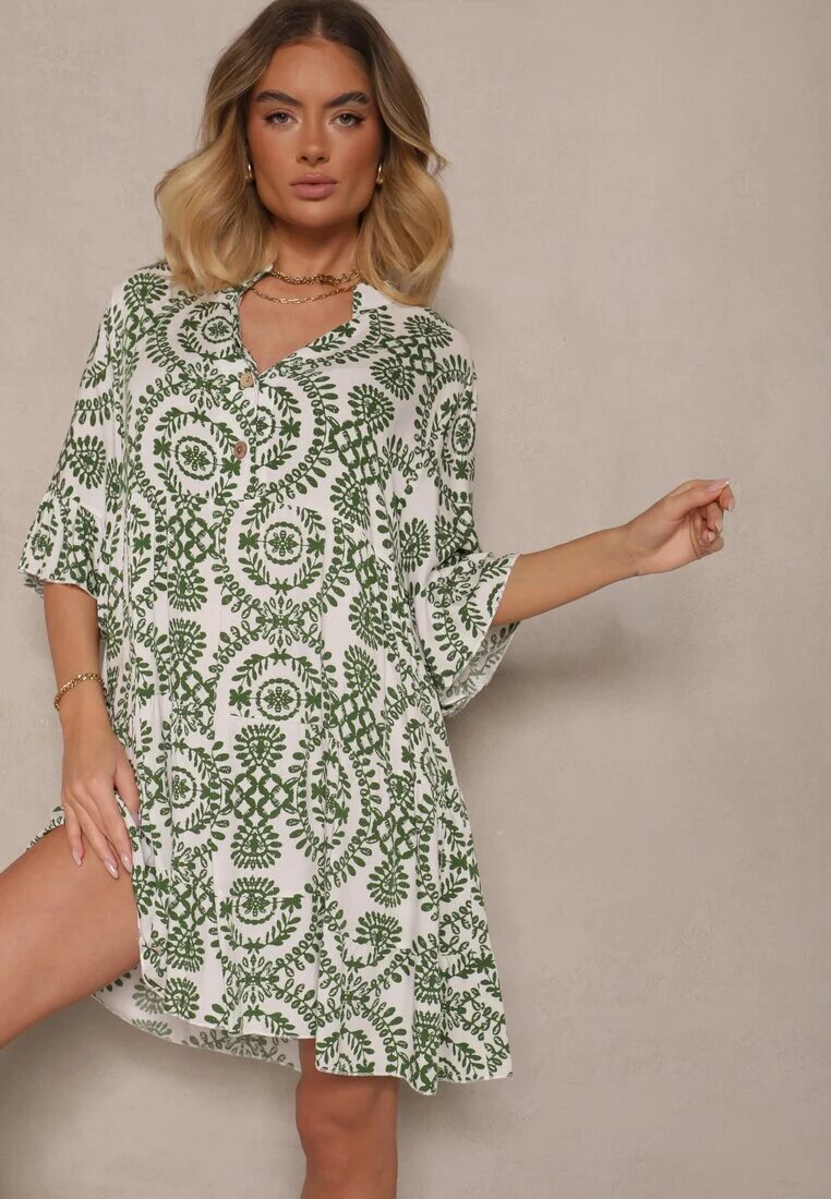 defox Rochie Verde din Bumbac cu Croi Evazat Decorată cu Nasturi Janivra