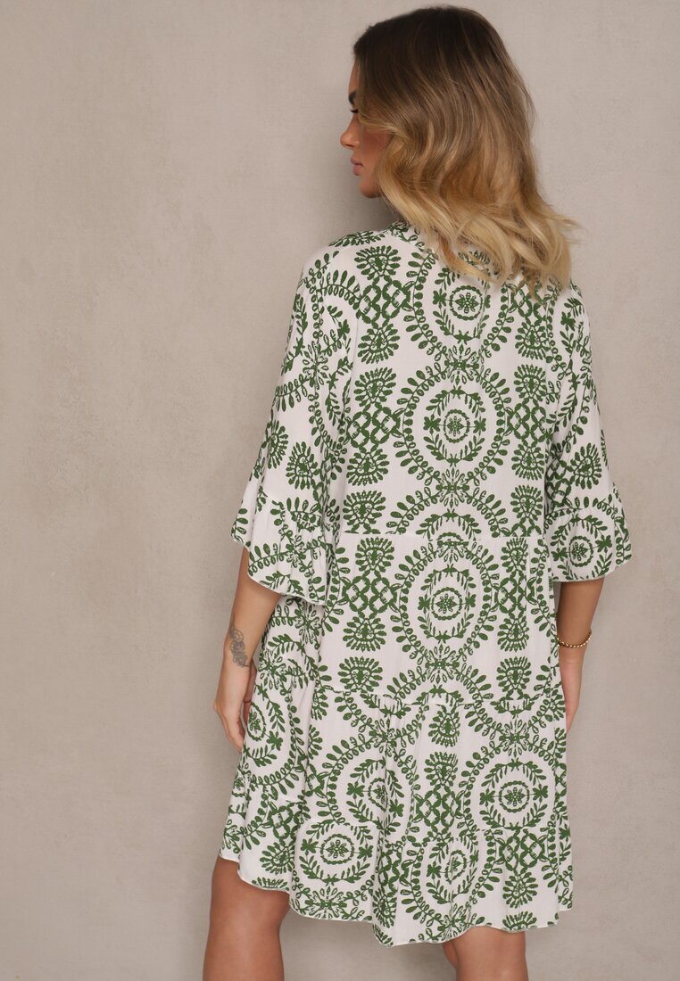 defox Rochie Verde din Bumbac cu Croi Evazat Decorată cu Nasturi Janivra