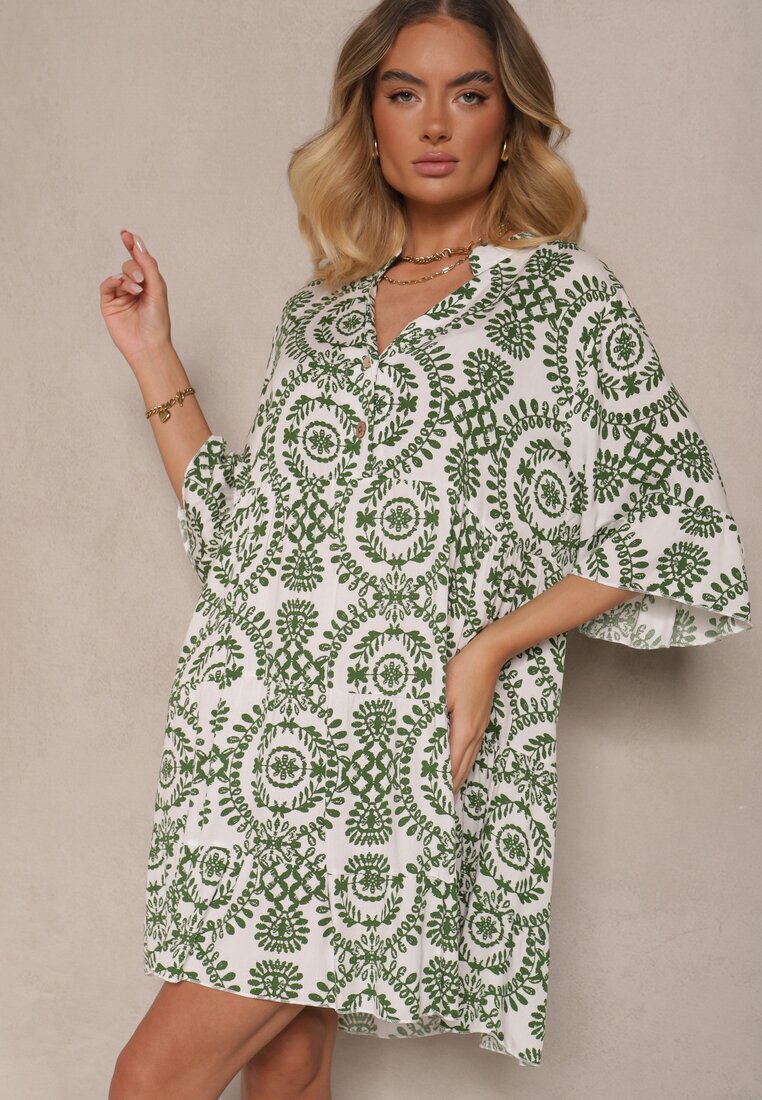 defox Rochie Verde din Bumbac cu Croi Evazat Decorată cu Nasturi Janivra