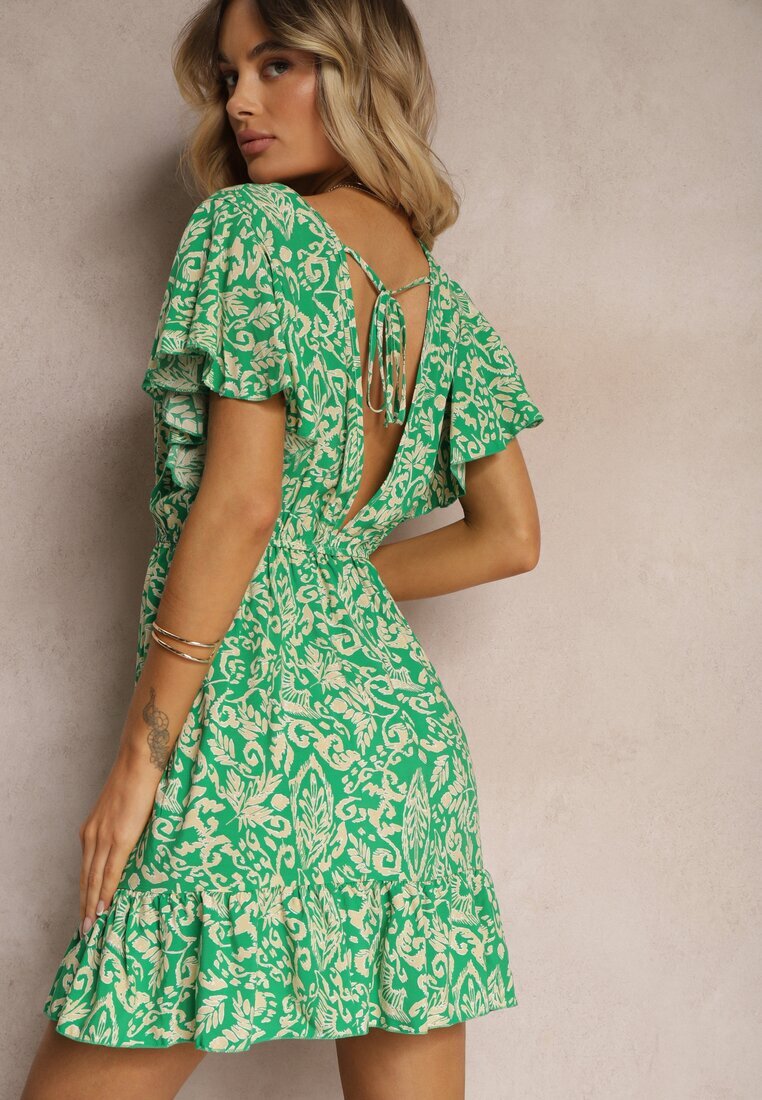 defox Rochie Verde din Bumbac cu Croi Evazat Decorată cu Volane și Elastic în Talie Neliaura