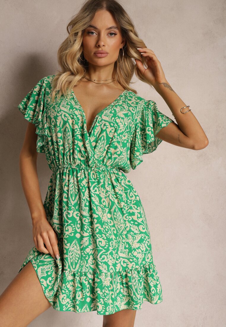 defox Rochie Verde din Bumbac cu Croi Evazat Decorată cu Volane și Elastic în Talie Neliaura