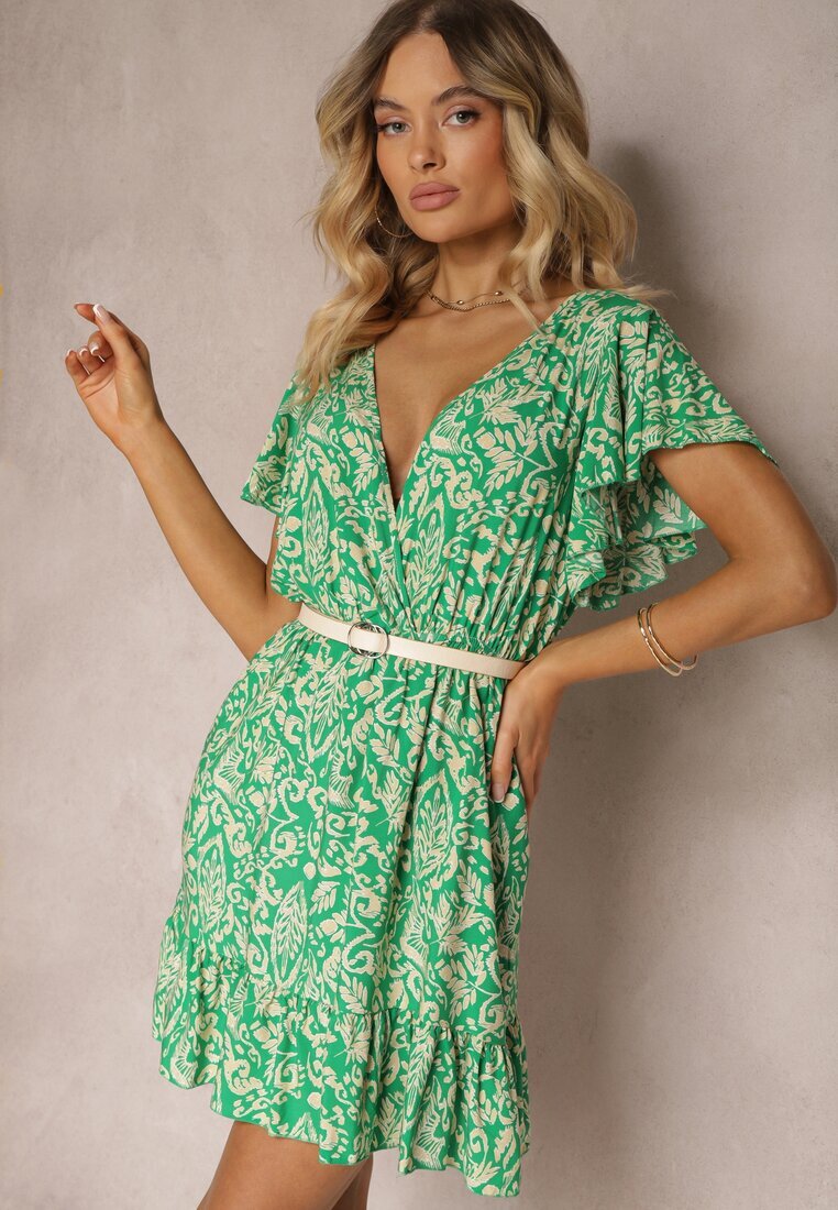 defox Rochie Verde din Bumbac cu Croi Evazat Decorată cu Volane și Elastic în Talie Neliaura