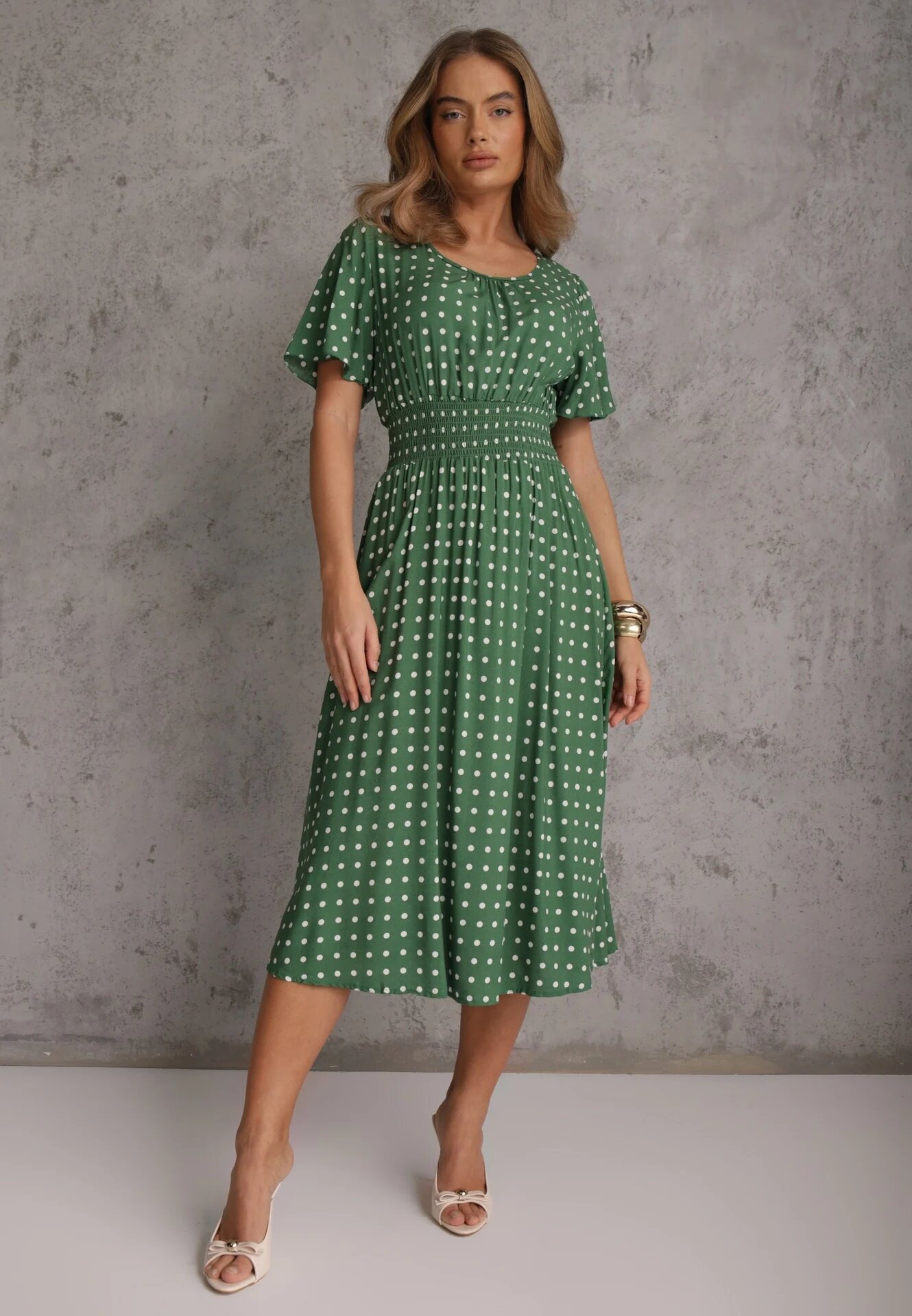 defox Rochie Verde din bumbac cu croială evazată cu buline Tolimirae