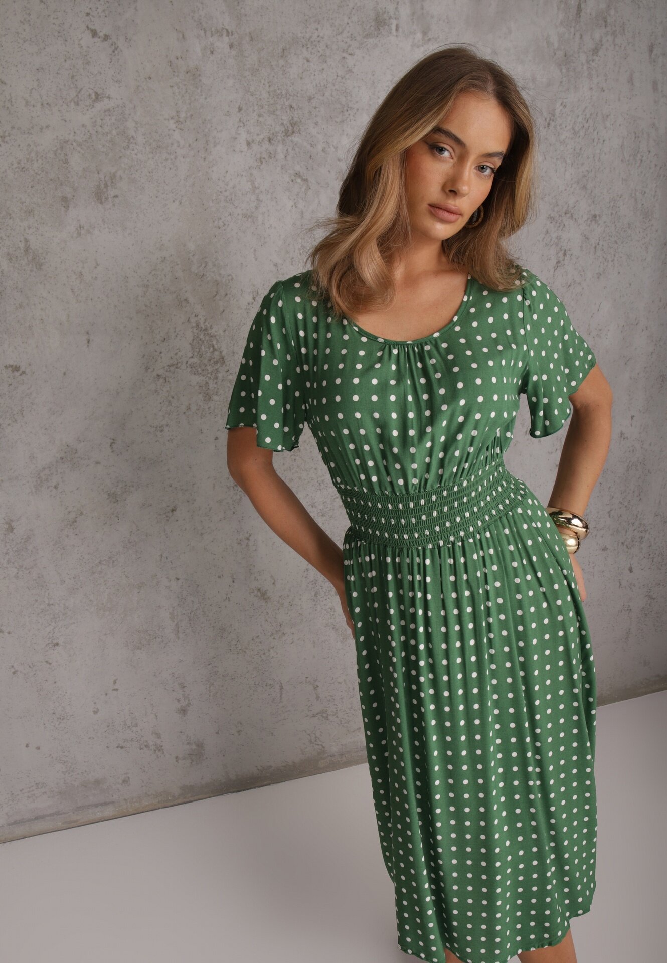 defox Rochie Verde din bumbac cu croială evazată cu buline Tolimirae