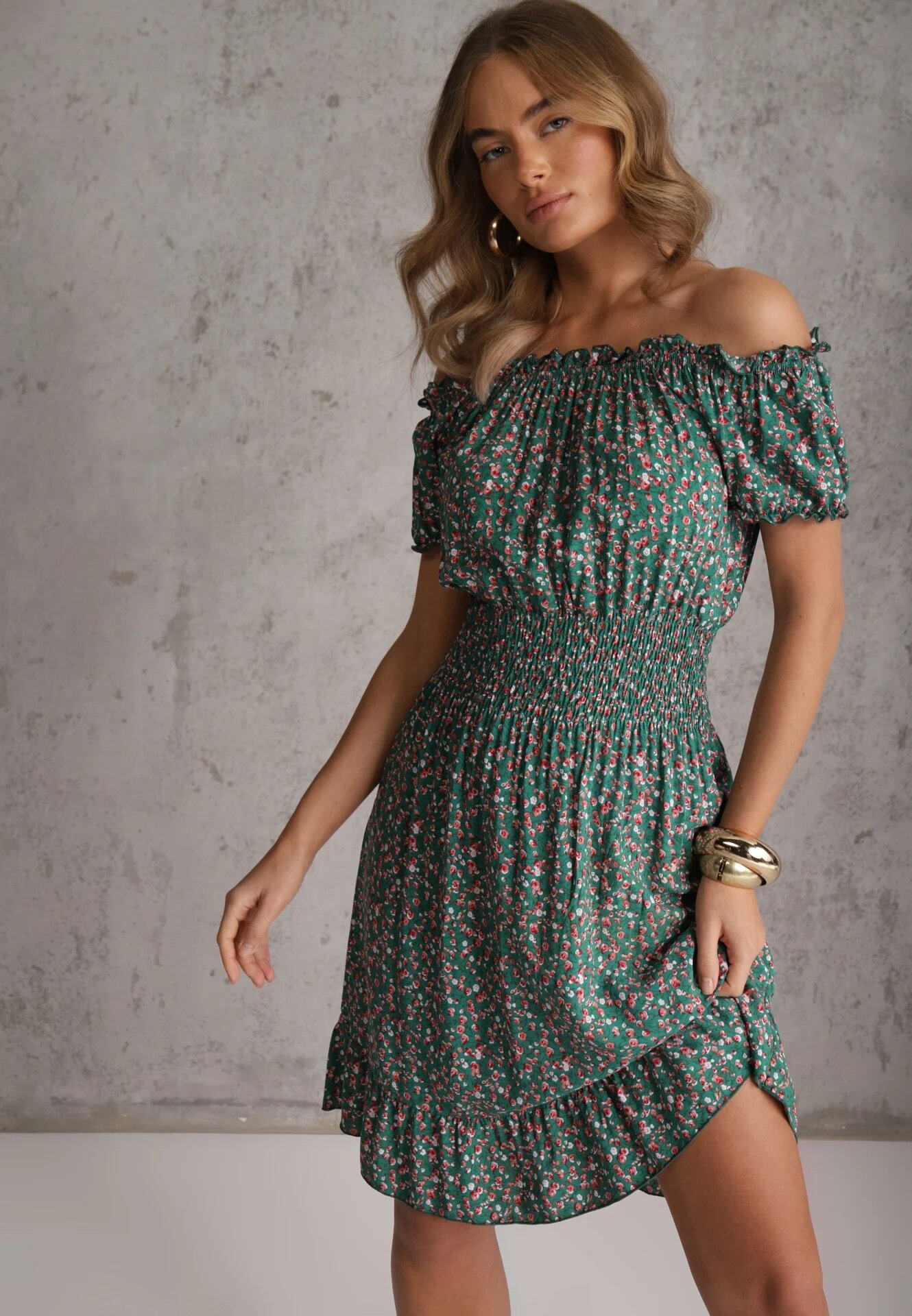 defox Rochie Verde din Bumbac cu elastic în talie stil spaniol Jazmi