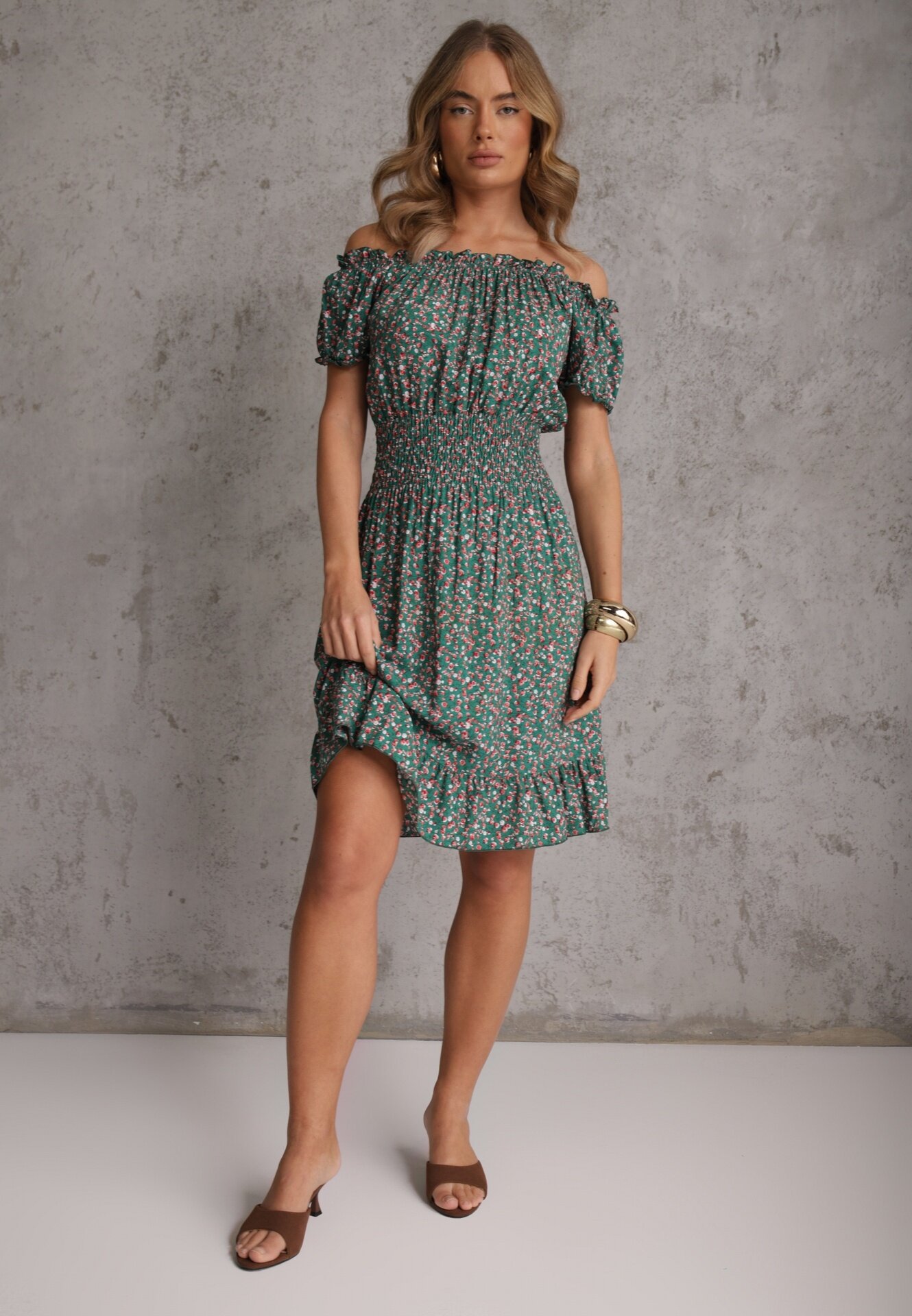 defox Rochie Verde din Bumbac cu elastic în talie stil spaniol Jazmi
