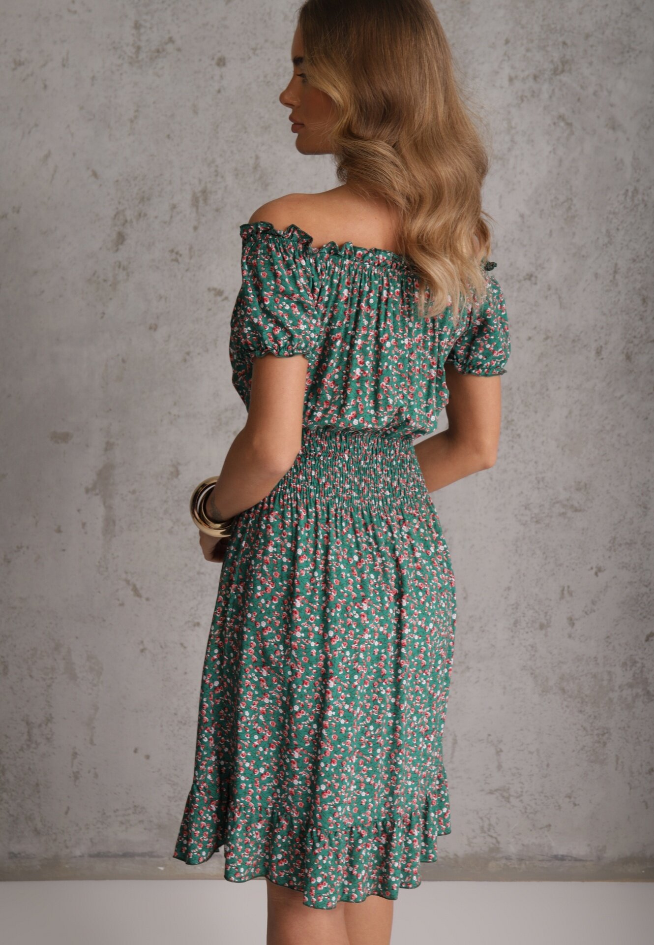 defox Rochie Verde din Bumbac cu elastic în talie stil spaniol Jazmi