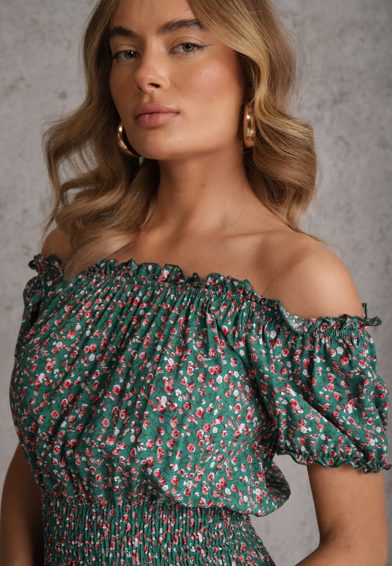 defox Rochie Verde din Bumbac cu elastic în talie stil spaniol Jazmi