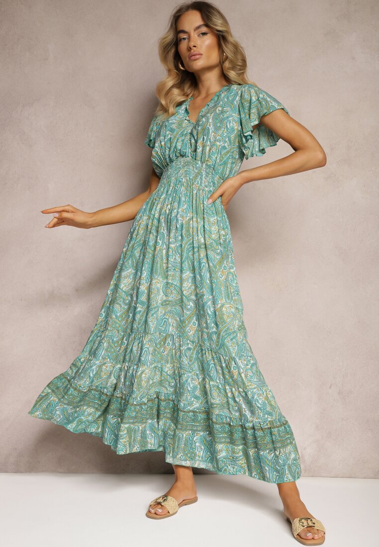 defox Rochie Verde Din Bumbac Paisley cu Decolteu Petrecut cu Volan și Elastic în Talie Brionea