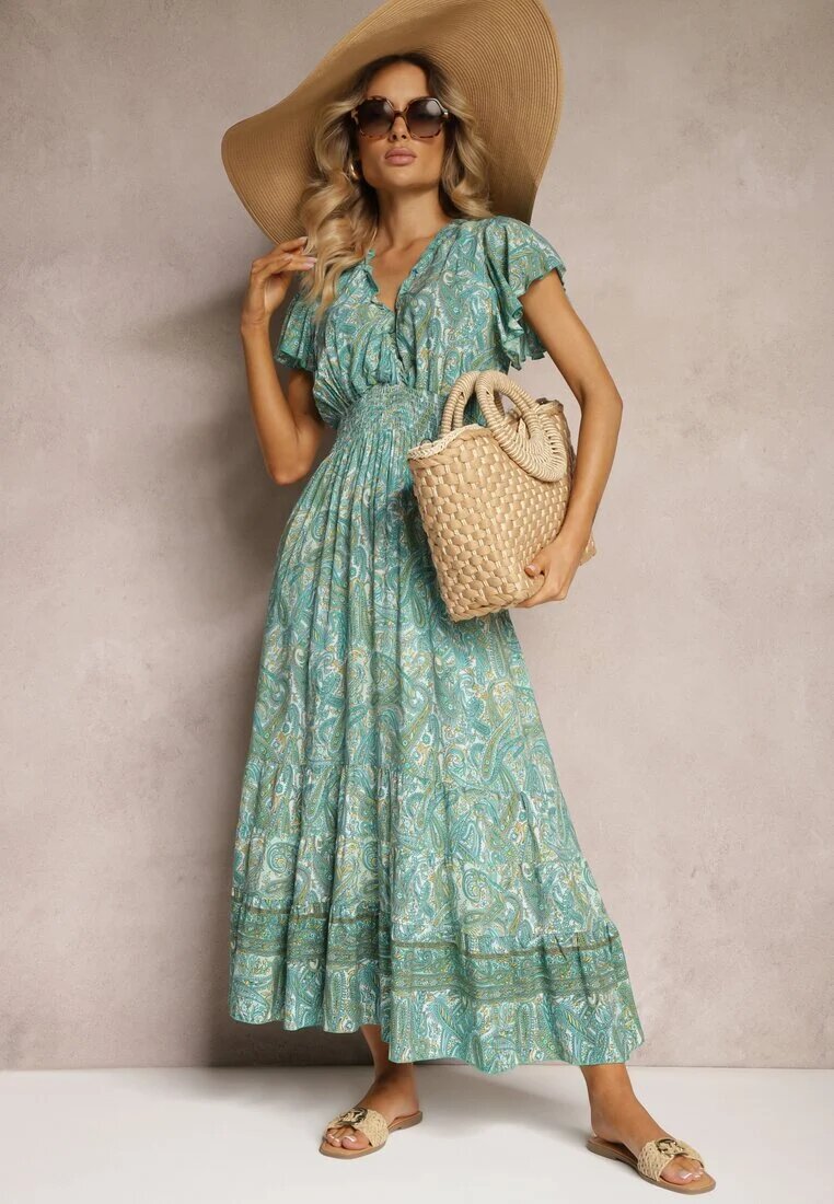 defox Rochie Verde Din Bumbac Paisley cu Decolteu Petrecut cu Volan și Elastic în Talie Brionea